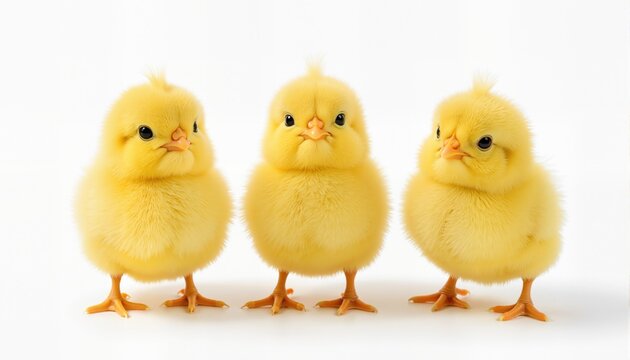 Set of three cute yellow Easter chickens isolated on a white background.
