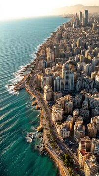 Aerial View of Beirut Coastline at Golden Hour &ndash; Mediterranean City Skyline and Seafront