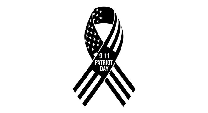 A black and white ribbon with american flag pattern and 9-11 memorial text
