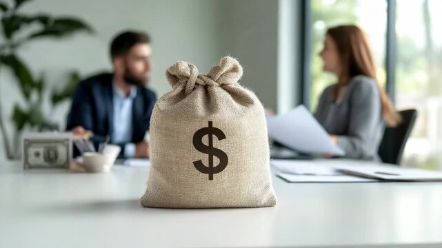 Money bag with dollar sign on table with blurred office workers behind. Concept of fund allocation and venture capital investment