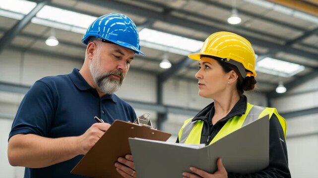 Two industrial workers in hard hats reviewing documents in a warehouse