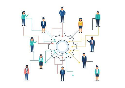 Colorful infographic illustrating teamwork Diverse business people are connected to a central gear representing an interconnected organizational network.