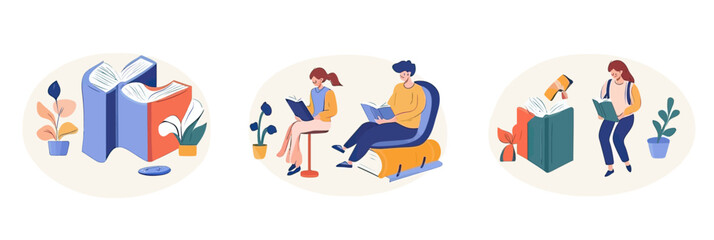 Fototapeta premium Books and reading concept with large open books, diverse students studying seated and standing, education and learning vector illustration set in flat minimalist style
