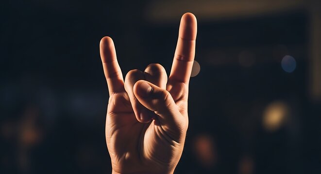 Hand makes rock horns gesture against dark, blurred background.
