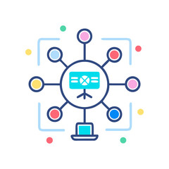 Colorful network connected to a laptop icon on transparent background