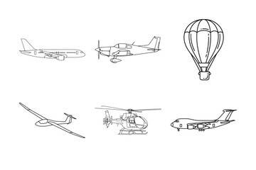 Collection of Various Aircraft and Aviation Icons Including Airplane Helicopter Hot Air Balloon and Glider Line Art Illustration