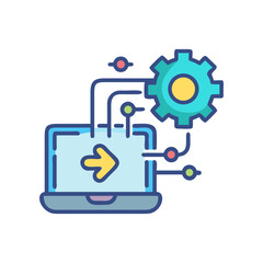 Laptop with gear and connection diagram icon on transparent background