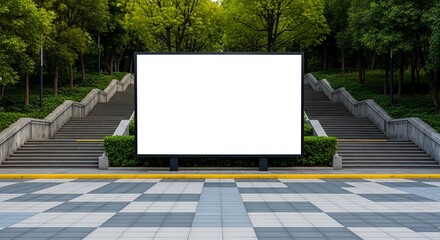 Fototapeta premium Large blank white outdoor billboard template prominently displayed for advertisement opportunities situated in an urban park setting with green trees and stairs.