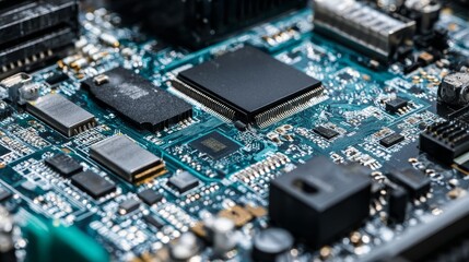 Obraz premium Close-up of a computer motherboard with various components