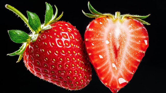 Fresh red strawberries, whole and halved, with water drops.