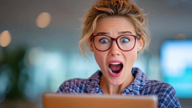 Shock and Awe: A woman's expression is frozen in a moment of pure shock as she gazes intently at her computer screen. capturing the raw emotion and surprise.
