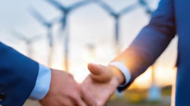 Handshake in the Wind Farm: Close-up of two business partners shaking hands, against the backdrop of wind turbines, symbolizing collaboration and sustainable energy.