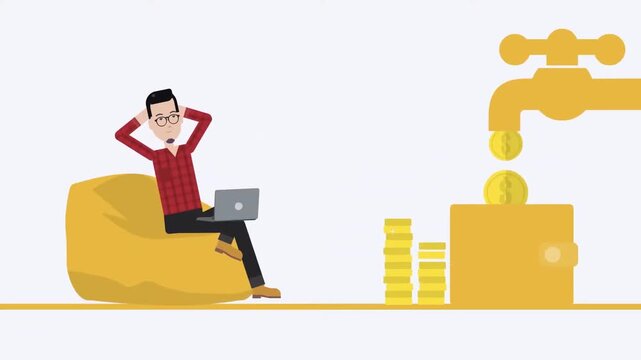 Businessman working on laptop with growing money stack and factory production animation, financial growth and investment success concept, 2D cartoon