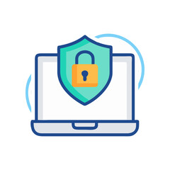 Laptop secured with a shield and padlock on transparent background