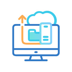 Computer with cloud and file transfer icon on transparent background