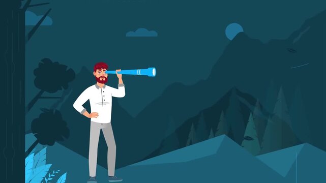 Businessman looking through telescope at mountains animation, business vision and future planning concept, leadership strategy illustration, 2D cartoon