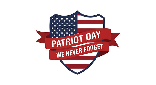 A patriotic shield logo with the american flag and text reading patriot day we are one nation