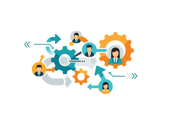 Fototapeta premium Colorful infographic illustrating teamwork An interconnected system of gears, arrows, and diverse people icons demonstrating a collaborative and iterative process.