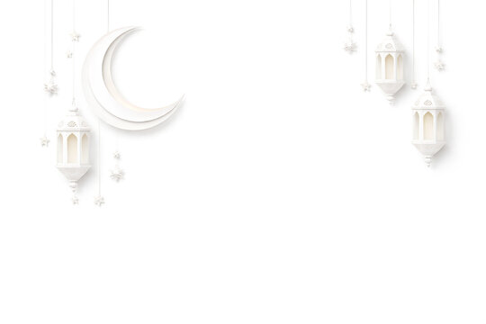 Minimalist Ramadan background with clean white base and elegant white paper cut crescent moon and hanging lanterns.