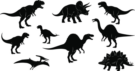Dinosaur silhouettes collection isolated on white background featuring Tyrannosaurus rex, Triceratops, Stegosaurus, Spinosaurus, Velociraptor and Pterodactyl prehistoric animal icons for educational  © Hey there