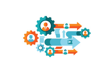 Obraz premium Colorful infographic illustrating teamwork An abstract illustration depicts a streamlined business process with interconnected gears, directional arrows, and user icons representing workflow stages.