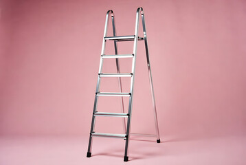 Ladder step silver metal with six rungs and black feet against pink background featuring studio shot, equipment, tool with industry and workplace elements for safety, access projects, clean