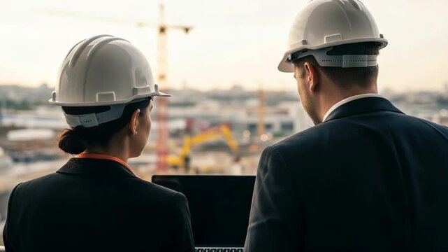 Engineers in hard hats discussing construction project
