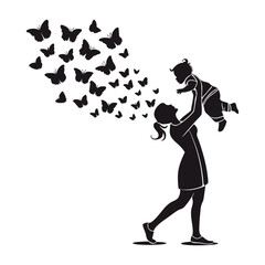 Obraz premium Woman carrying child silhouette with butterflies symbolizing freedom, transformation, gentle care, motherhood love, and emotional growth