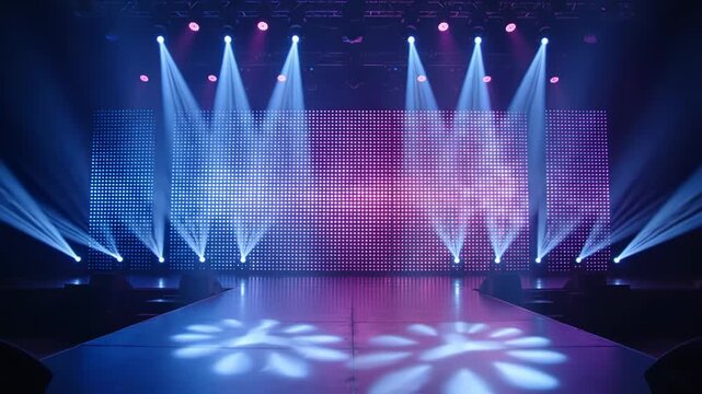 A stage with spotlights shining down on a purple and blue led screen background