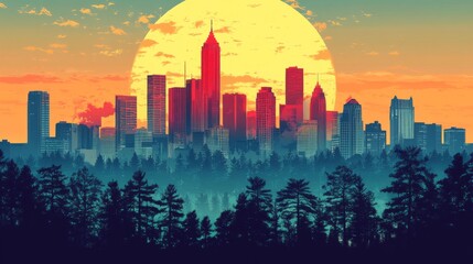 Fototapeta premium Atlanta Cityscape Georgia Poster Illustration Travel Print Decor Gift Paper Canvas Wall Retro Art