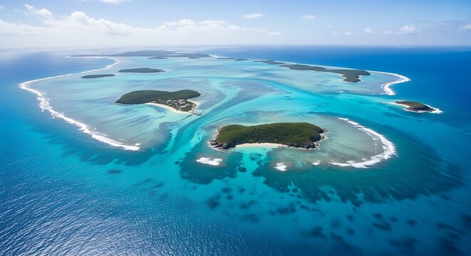 Aerial view of a tropical island chain with turquoise water and white waves.
