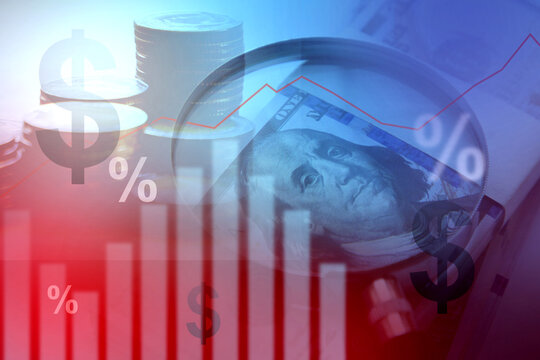 U.S. financial and business investment concept with rising interest rates shown in an upward trend graph