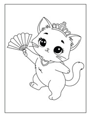 Cute princess kitten holding a hand fan coloring page for kids. © ZANNATUL