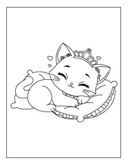 Adorable princess kitten sleeping on a royal pillow coloring page. © ZANNATUL