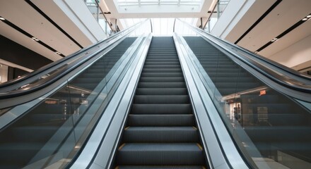 Fototapeta premium Two escalators ascend in a modern shopping center