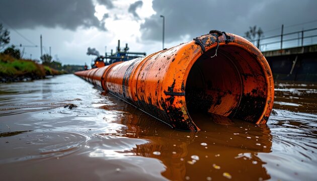 A FlyPro Firefly emergency spill containment boom floats on murky water under an overcast sky, captured in a photorealistic DSLR style, ready for industrial environmental protection.