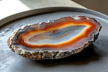 A glossy agate piece displaying colorful layered bands beautifully.