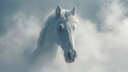 Obraz premium Mystical white horse emerging from soft clouds, a fairytale portrait of a horse in a misty atmosphere with an unearthly light