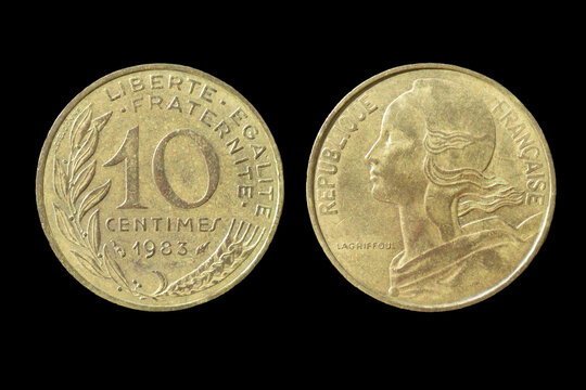 French 10 Centimes Coin 1983 France Marianne Republic Currency Obverse and Reverse Sides on Black Background