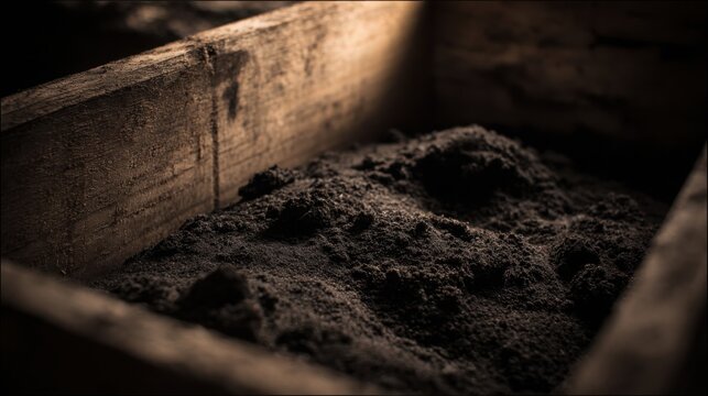 Close-up of rich dark organic compost soil inside a wooden container