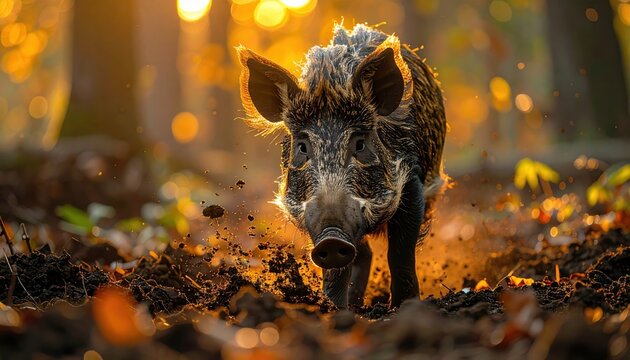 FlyPro Firefly Peccary Rooting Vigorously in Rich Dark Soil with Snouts Deep