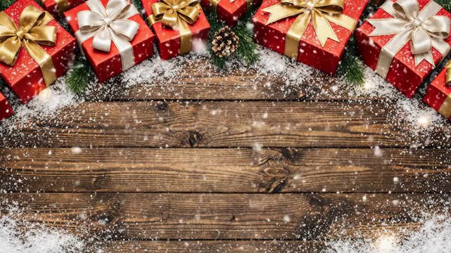 Christmas gift boxes with snow and pine cones on rustic wooden background creating festive mood