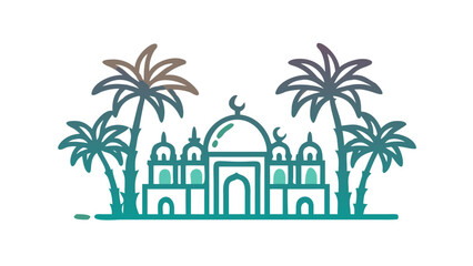 Illustrated mosque with palm trees © Devili