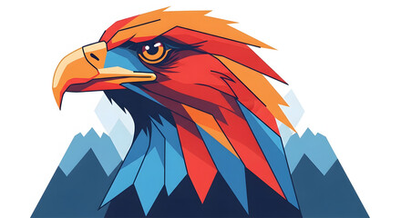 Stylized eagle head in profile, bold angular shapes, vibrant red orange and blue tones