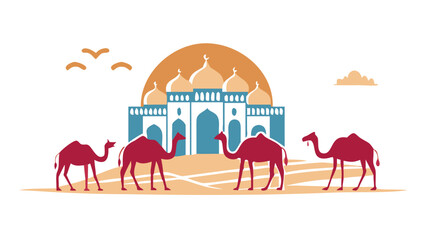 Camels in front of a desert mosque © Devili