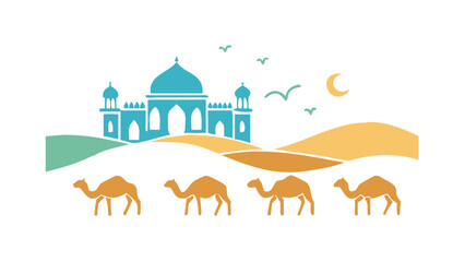 Desert journey with mosque and camels © Devili