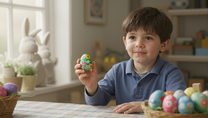 Fototapeta premium Portrait of boy holding painted hard boiled easter egg at table 