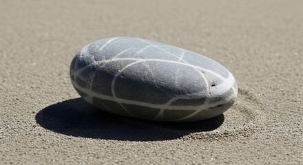 Obraz premium Smooth gray striped pebble on sandy beach close-up minimalist texture background