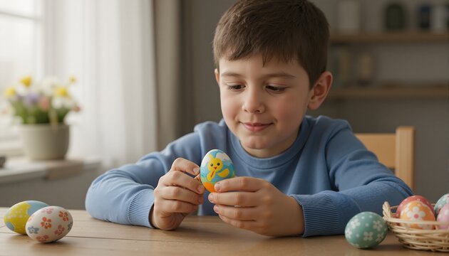 Portrait of boy holding painted hard boiled easter egg at table
