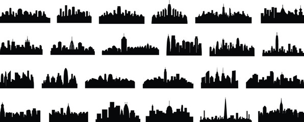 City skyline silhouette icons set featuring 20 unique urban landscapes, black vector illustration for architecture, travel, culture, global landmarks, decorative design